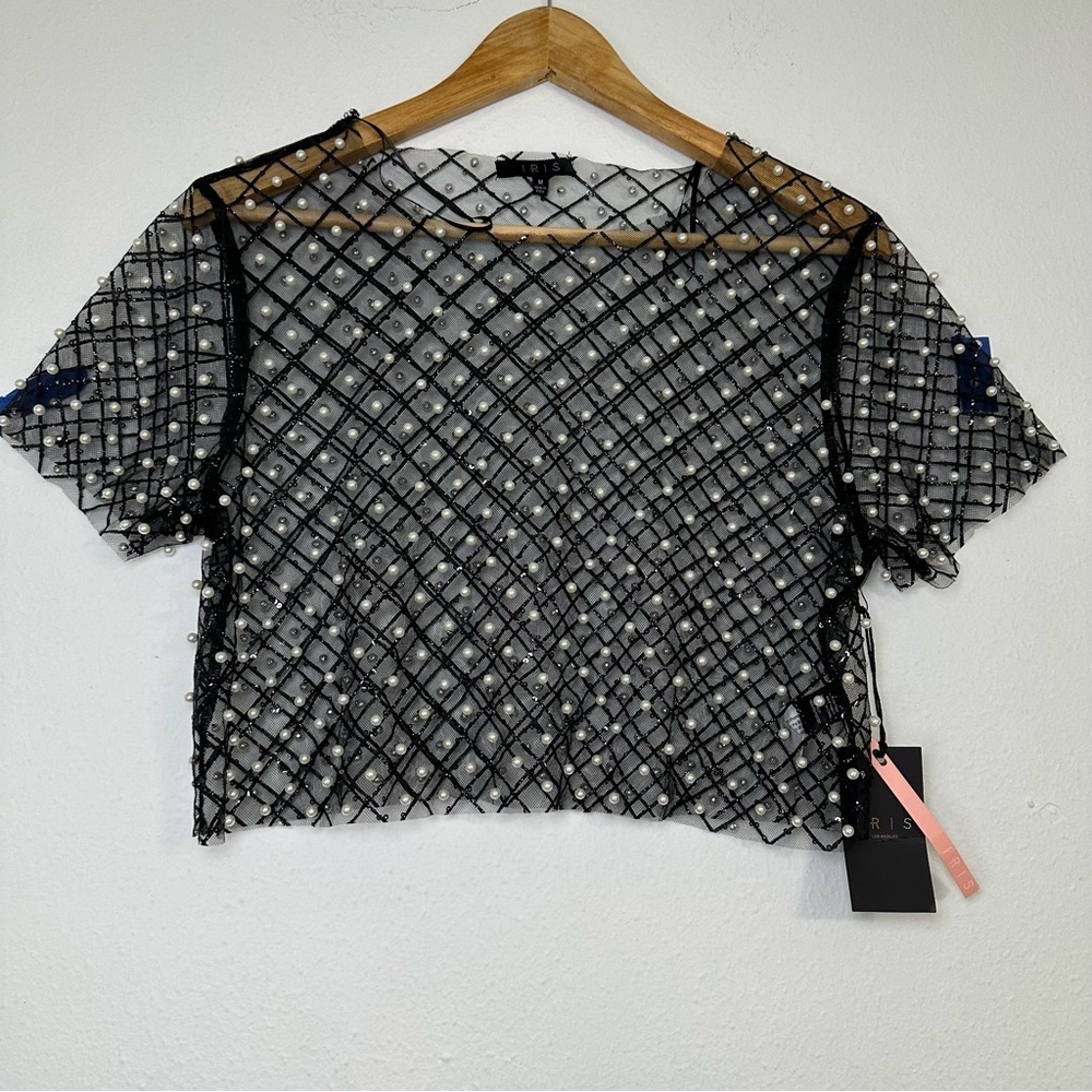 Iris NWT Black Sheer Blouse with Pearl Details - Picture 3 of 13